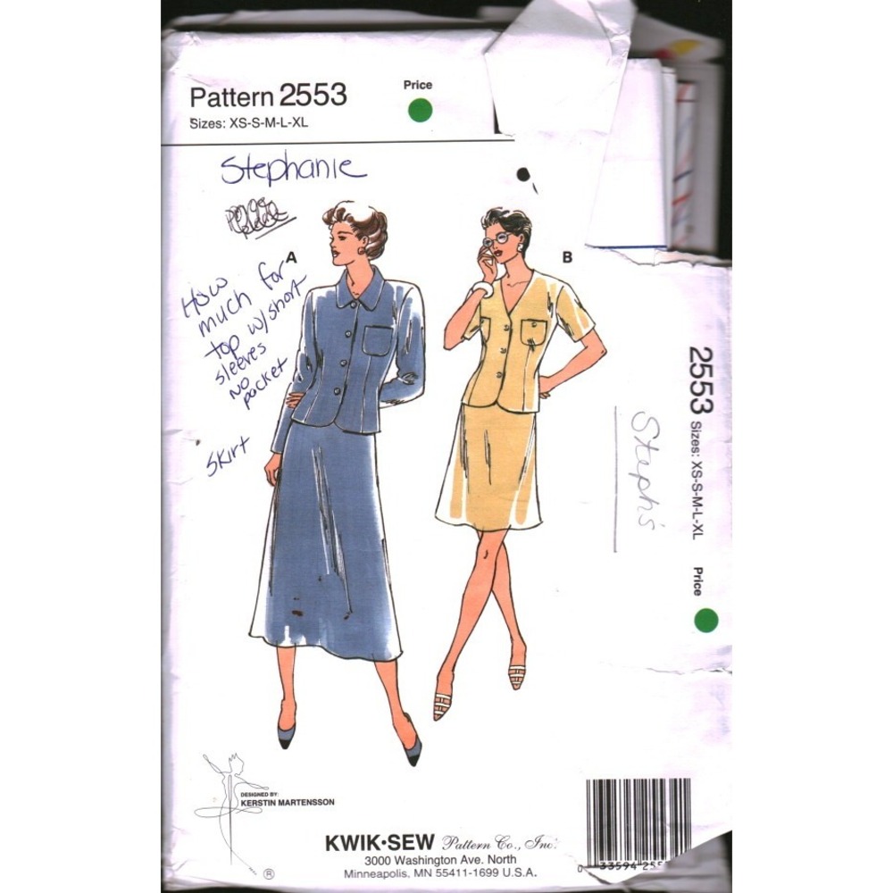 Kwik Sew 2553 Kerstin Martensson Jacket Skirt Pattern Sizes XS-S-M-L-XL Vintage